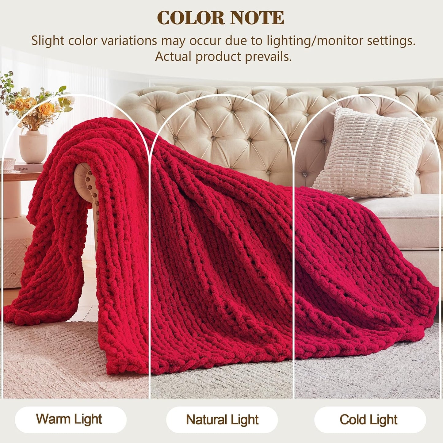 Carriediosa Chunky Knit Throw Blanket 50" X 60", 100% Hand Made Large Chenille Loop Yarn Soft Fluffy Throws for Couch Sofa Bed, Big Crochet Cozy Heavy Thick Cable Woven Blankets, Red