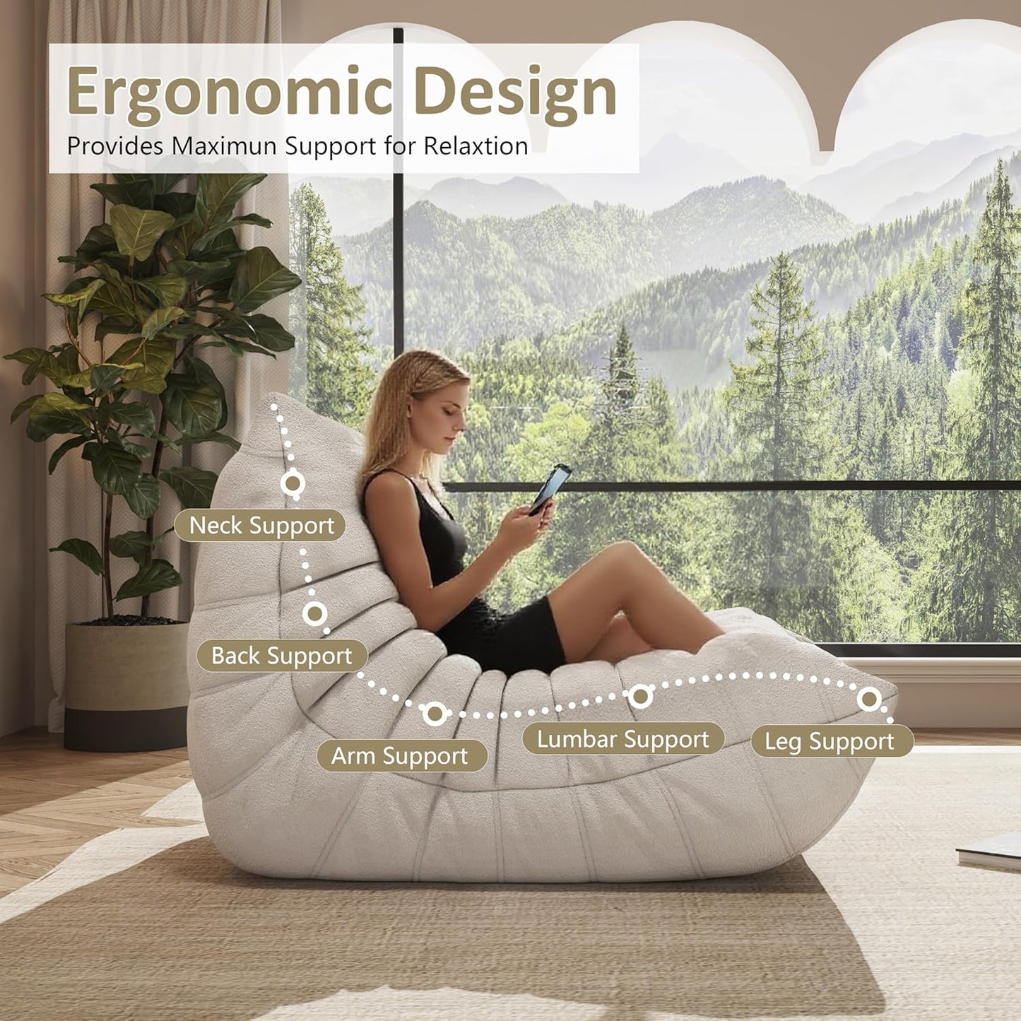 Bean Bag Chair, Oversized Loveseat Fireside Chair for Adults, 2 Seater with Memory Foam Filled, Lazy Sofa Lounge Floor Sofa for Living Room, Bedroom, Office, No Assembly Required. (Beige)