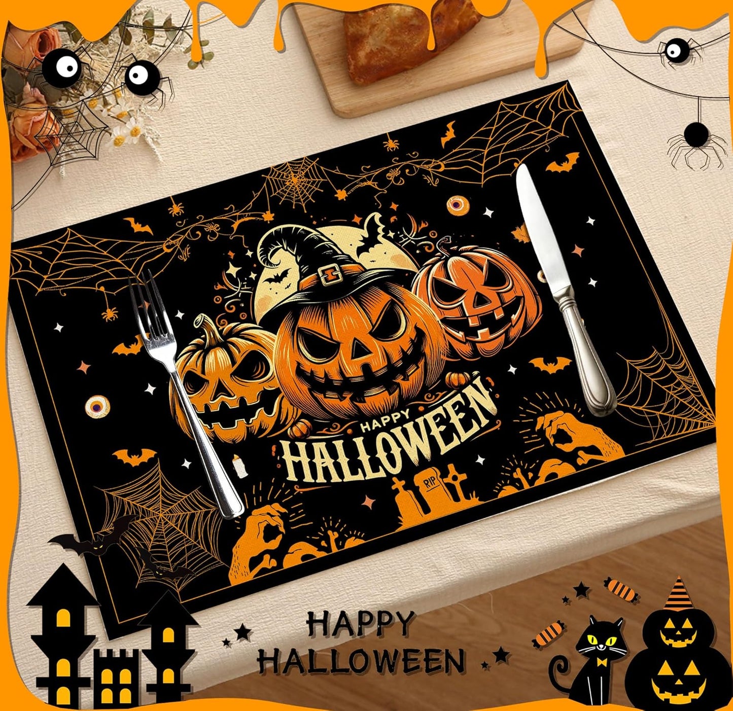 Halloween Spooky Placemats Set of 4, 12x18 Inch Pumpkin Bat Table Mats, Washable Heat Resistant Place Mats for Kitchen Dining Table, Halloween Themed Decoration for Home-B05