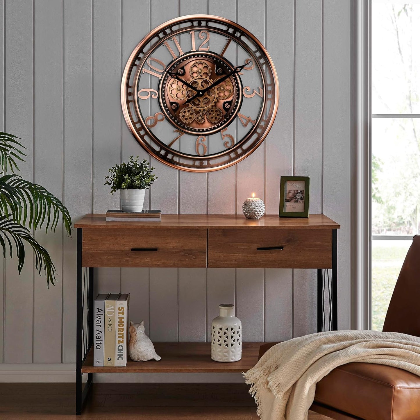 CLXEAST 21 Inch Moving Gear Wall Clock for Modern Farmhouse Living Room Decor,Large Industrial Steampunk Wall Clock for Home Office,Metal Copper Finished,House Warming Gifts New Home