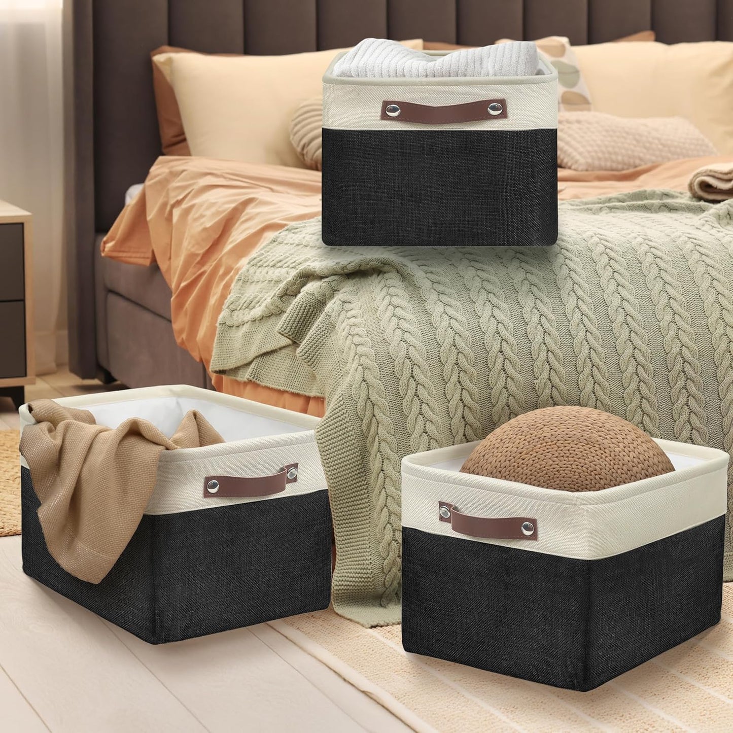 SIMPLE HOUSEWARE Large Fabric Storage Bin, 15" x 11" with Leather Like Handles, 3 Pack, Black