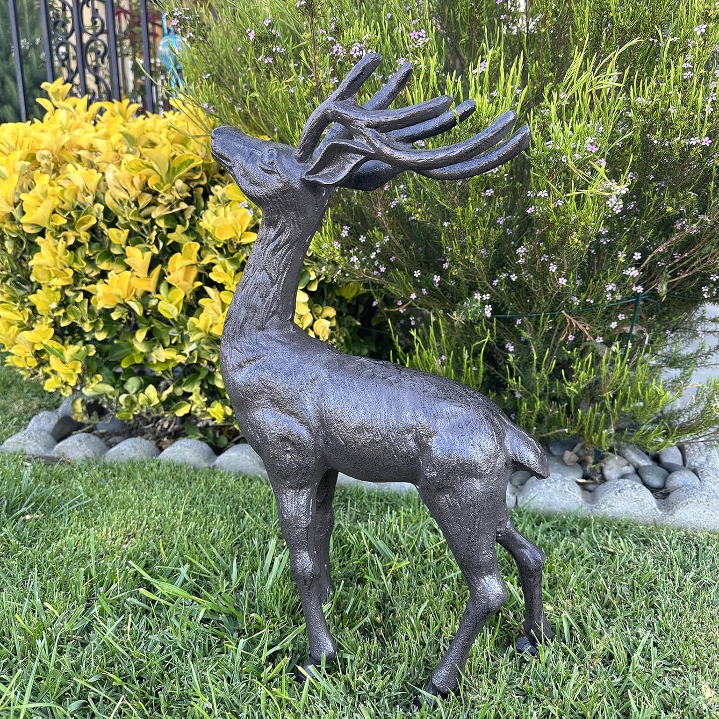 Cast Iron Deer Statue（22" Tall）, Realistic Large Antler Sculpture, Outdoor Garden Decor for Lawn Patio Yard, Indoor Home Art Figure HC5691
