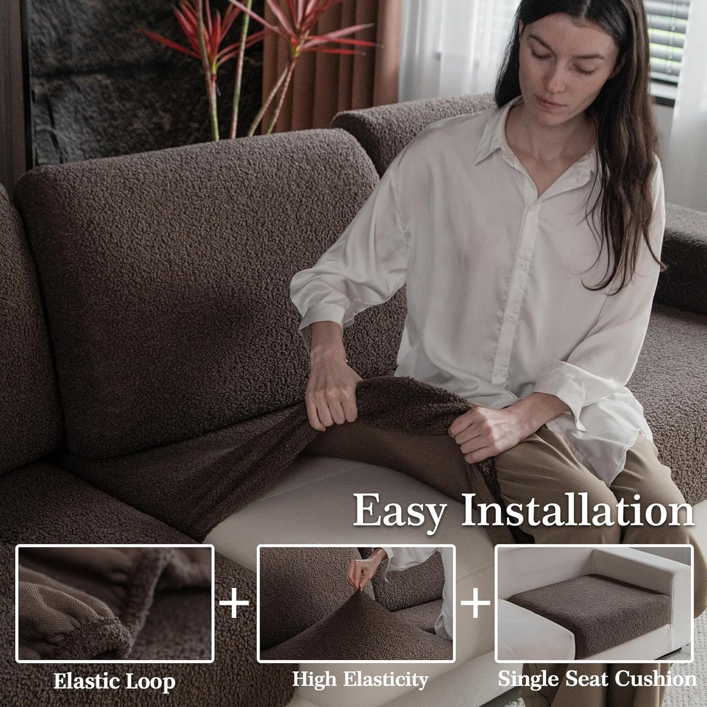 Couch Cushion Covers for Sectional Sofa, Stretch Soft Sofa Slipcovers Washable Wear-Resistant Universal Furniture Protector for Living Room(1 Piece Large Cover, Brown)