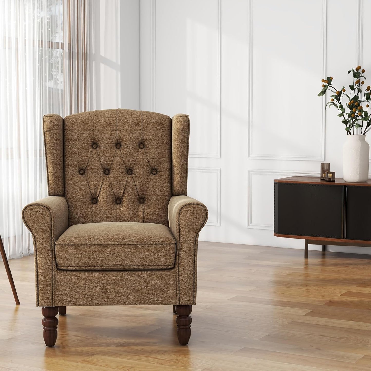UIXE High Back Accent Chair, Upholstered Armchair in Fabric, Retro Wingback Arm Chair for Living Room, Comfy Single Sofa Bedroom Reading Seat with Solid Wood Legs - Brown