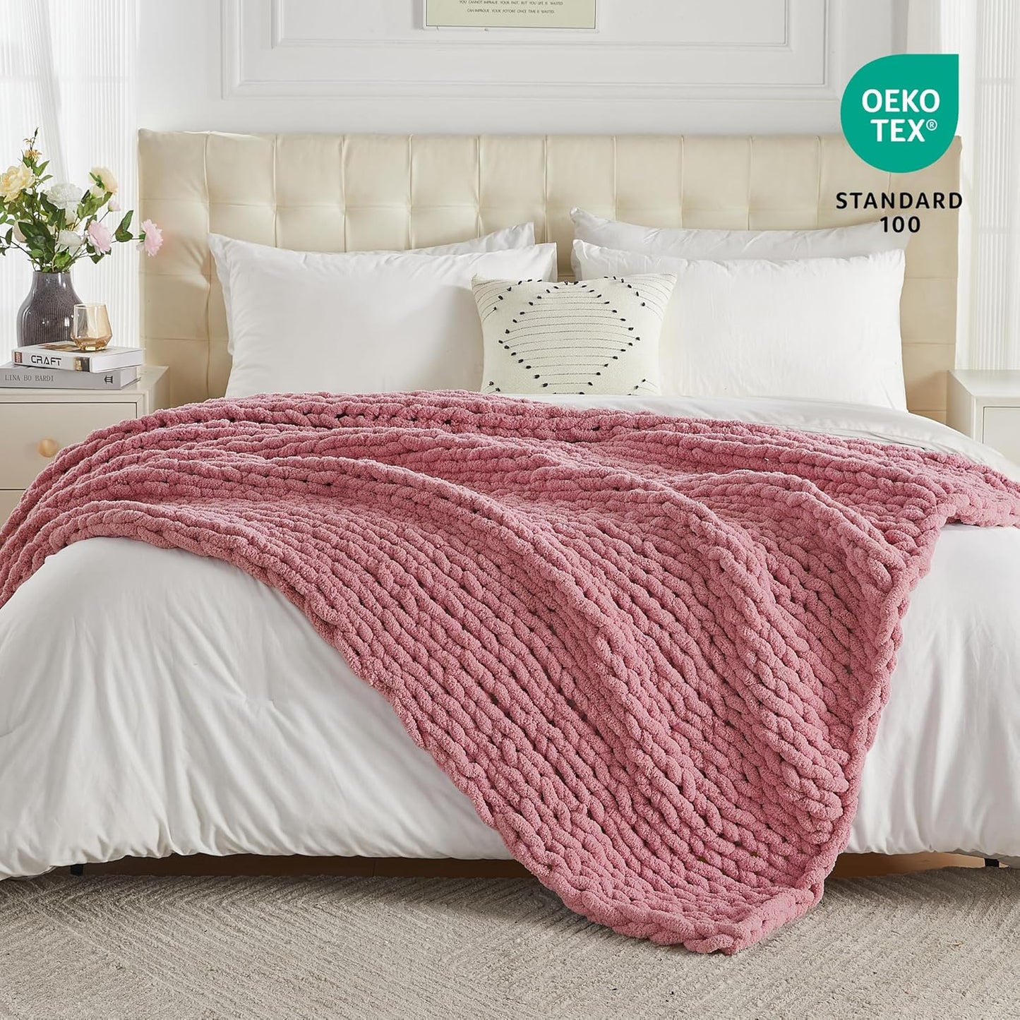 Carriediosa Chunky Knit Throw Blanket 50" X 60", 100% Hand Made Large Chenille Loop Yarn Soft Fluffy Throws for Couch Sofa Bed, Big Crochet Cozy Heavy Thick Cable Woven Blanket, Mauve