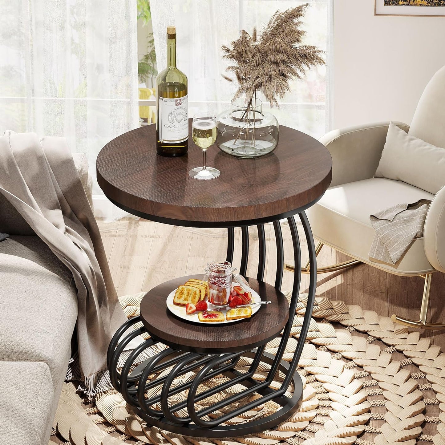 Tribesigns Round End Side Table: 2 Tiers Side Table Set of 2, Vintage End Table for Living Room, Small Bedside Table Accent Table with Arc-Shaped Frame, Rustic Brown