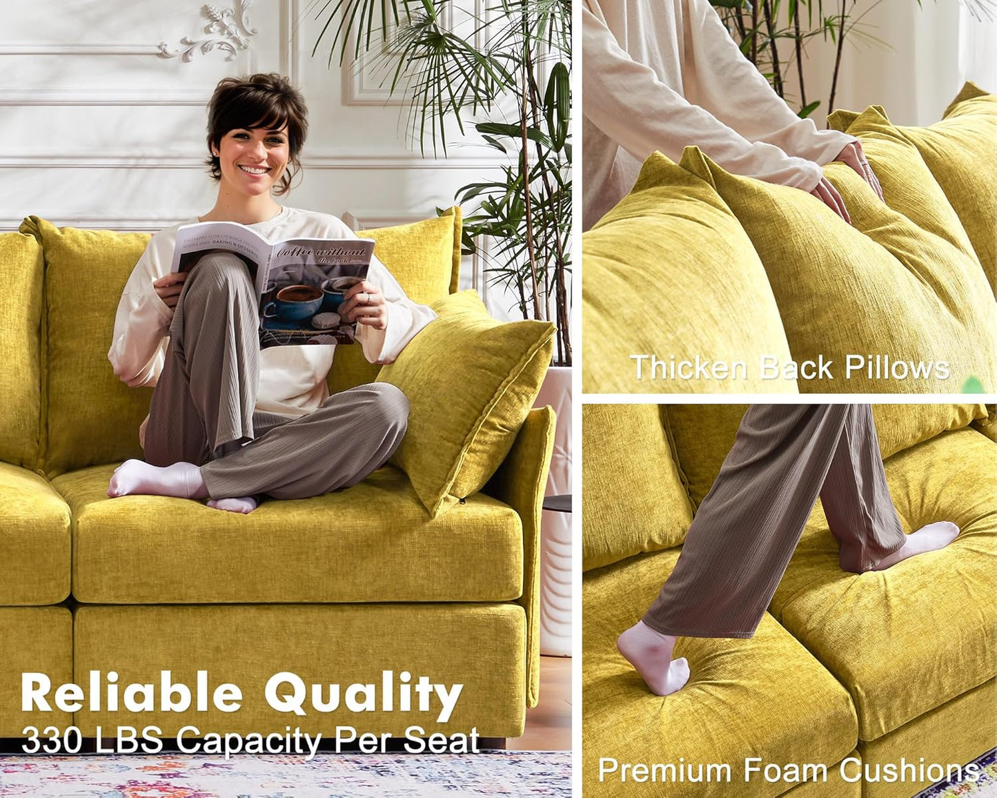 Oversized Loveseat Sofa, Modern Modular Sectional Couch Yellow Fluffy Chenille Mid Century 2-Seat 24.5" Deep Seat for Apartment, Living Room, Bedroom