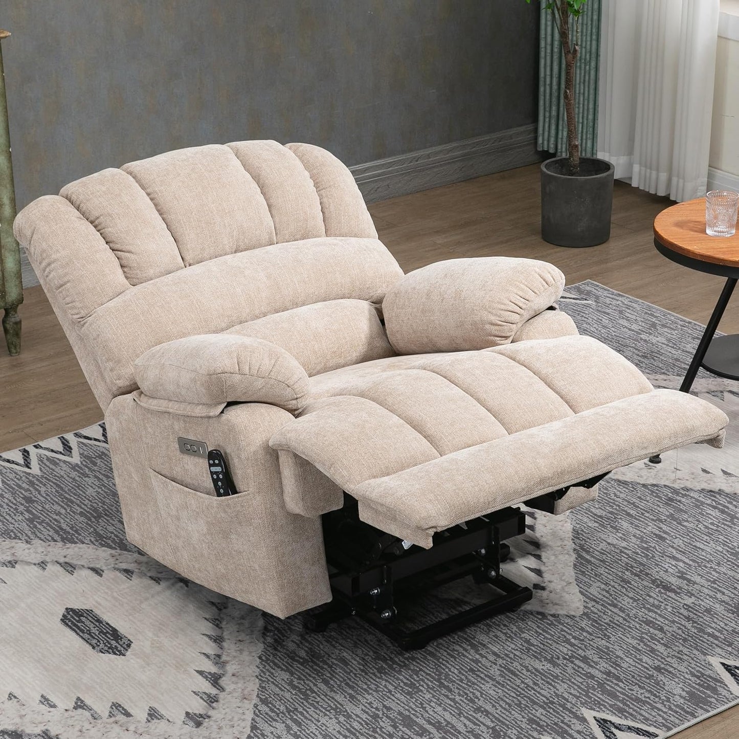 Large Power Lift Recliner Chair with Massage and Heat for Elderly, Ergonomic Backrest, Infinite Adjust, 2 Side Pockets,USB and Type-C Ports, Chenille Beige