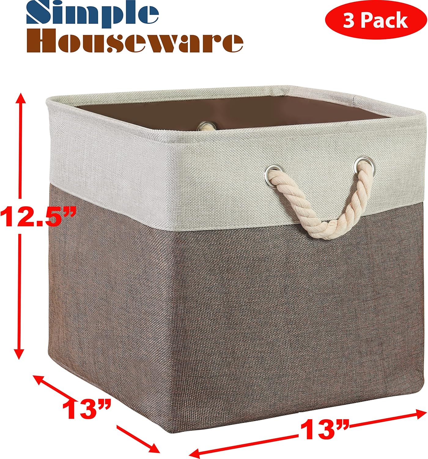 SIMPLE HOUSEWARE Fabric Storage Cubes, 13" x 13" Storage Bin, 3 Pack, Brown