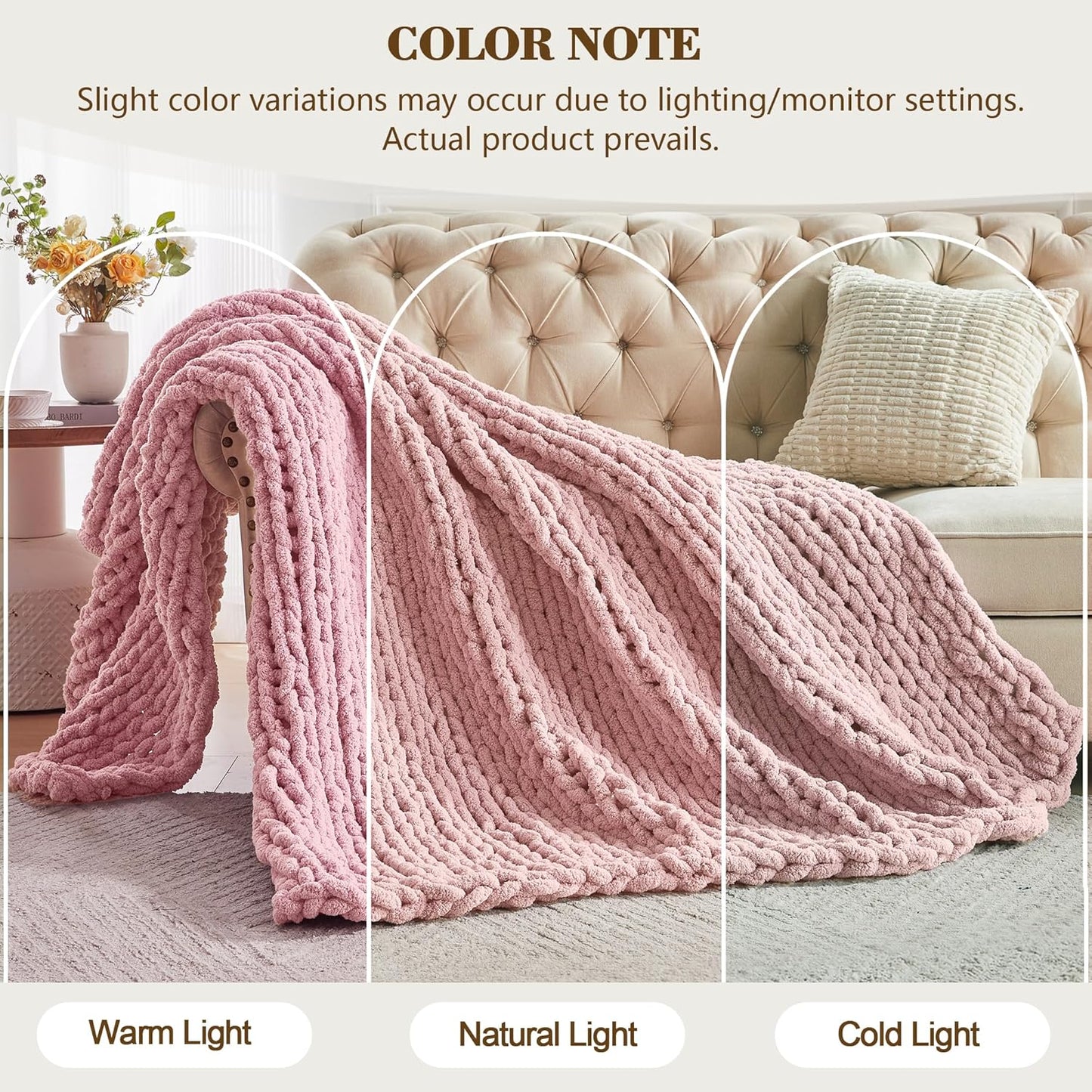 Carriediosa Chunky Knit Throw Blanket 60" X 80" Twin, 100% Hand Made Large Chenille Loop Yarn Soft Fluffy Throws for Couch Sofa Bed, Big Crochet Cozy Heavy Thick Cable Woven Blankets, Dusty Pink
