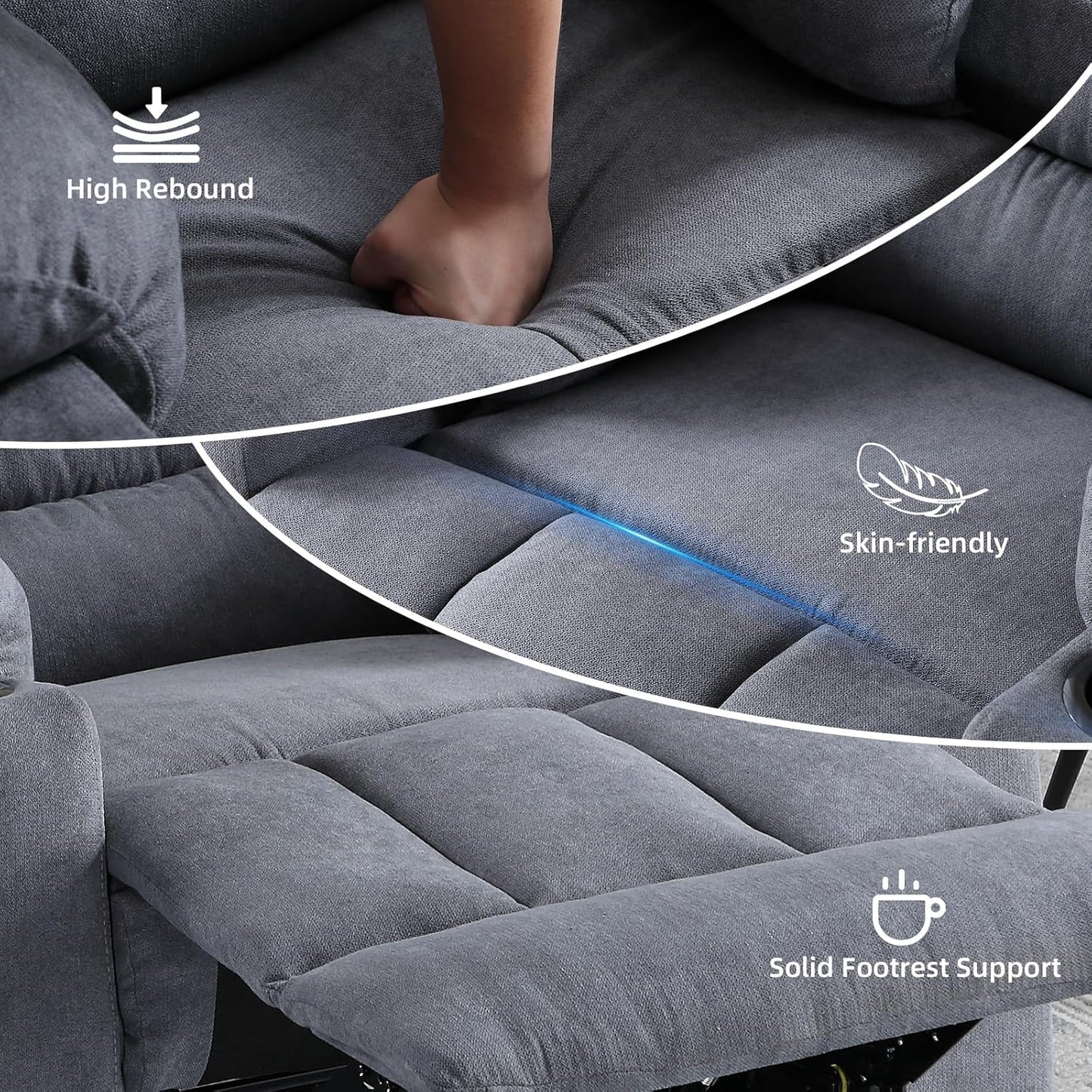 Rocker Recliner Chair with Heat and Massage, 360° Swivel Recliner Chairs for Adults, Heavy Duty Reclining Sofa Chair with USB Port Cup Holders Side Pockets for Living Room (Grey)