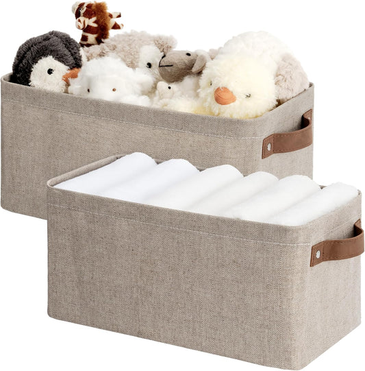 StorageWorks Narrow Storage Bins, Small Basket for Closet and Shelves, Rectangular Fabric Organizer with Handles, Toilet Paper Storage, Brown and Beige, 2-Pack