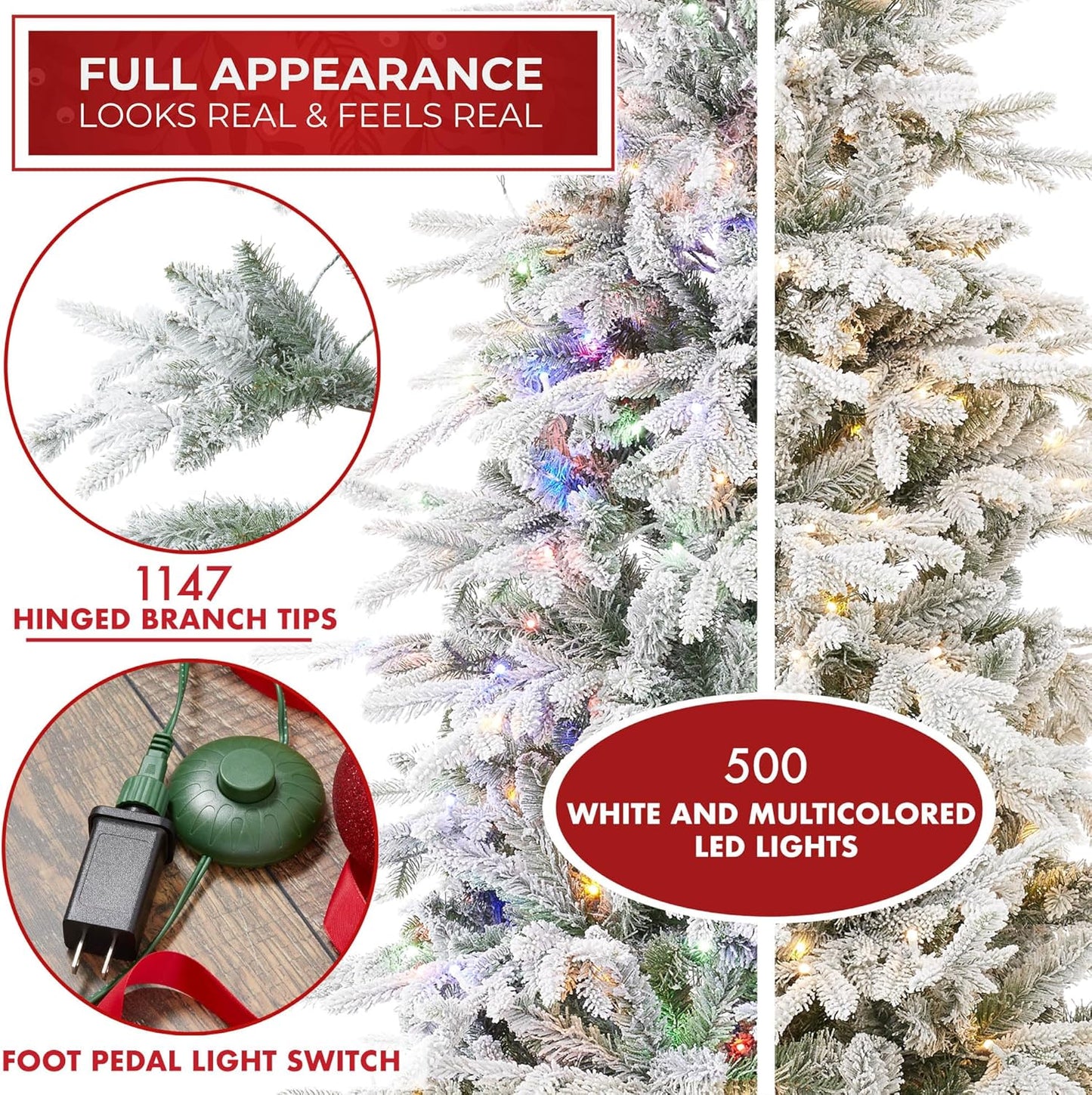 Casafield 7.5FT Pre-Lit Snow Flocked Slim Aspen Fir Artificial Holiday Christmas Tree with White & Multicolored LED Lights, Realistic Noble Fir with Metal Stand