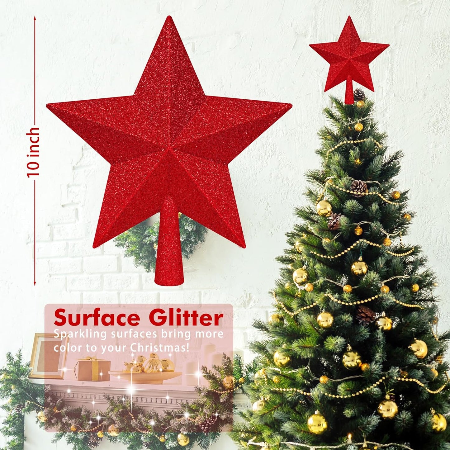Star Tree Topper, 10" Red Christmas Tee Topper Decorations, Glitter 3D Xmas Bethlehem Star Waterproof Shatter-Proof, Christmas Tree Topper Ornament Decor for Christmas Holiday Party Indoor Outdoor