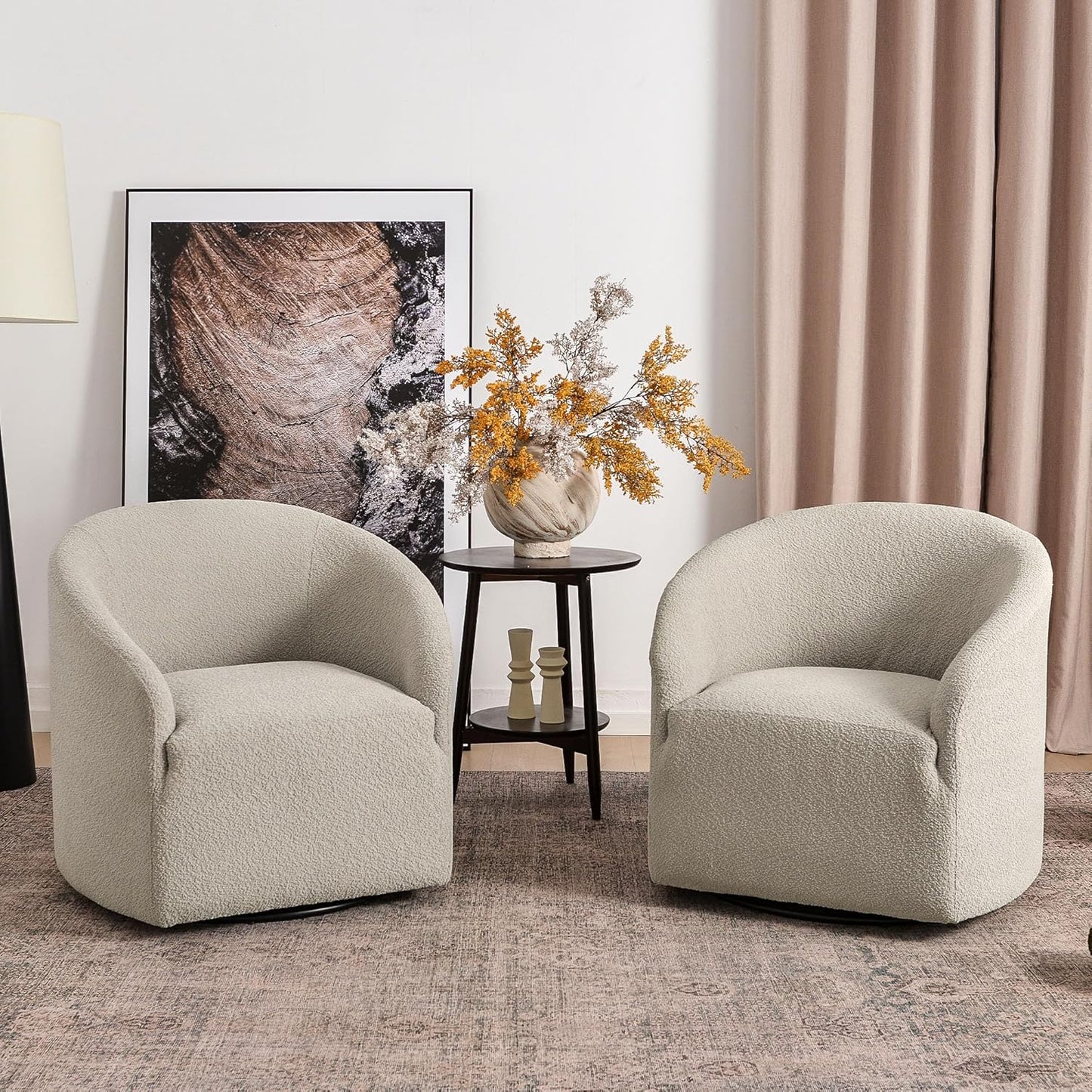 KINWELL 32" Wide Modern Boucle Swivel Barrel Chairs Set of 2, No Assembly Round Upholstered Swivel Accent Armchairs for Living Room, Bedroom (Oatmeal)