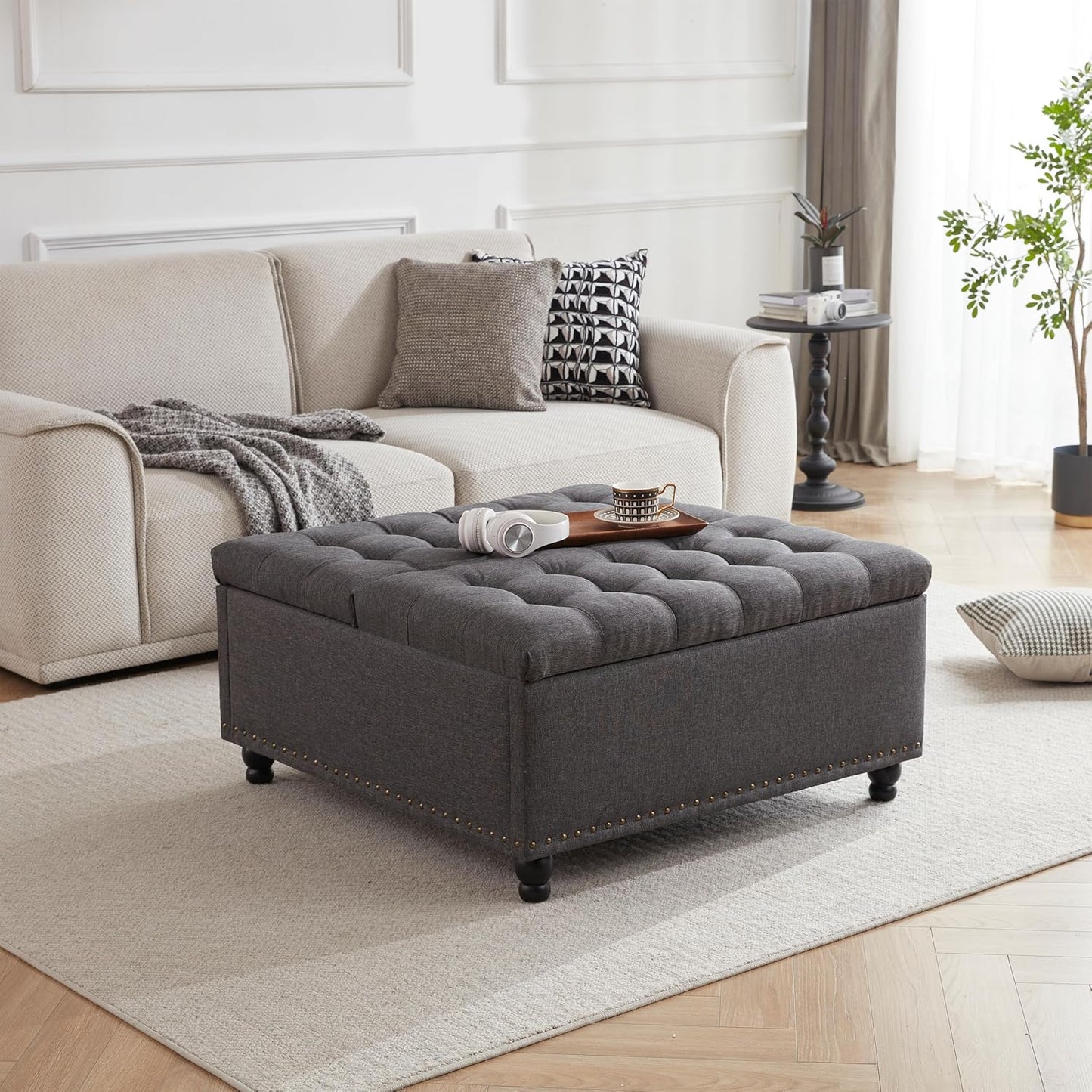 Tbfit Large Square Storage Ottoman Bench, Tufted Upholstered Coffee Table Ottoman with Lift Top & Wooden Legs, Oversized Storage Ottomans Toy Box for Living Room (Dark Grey)