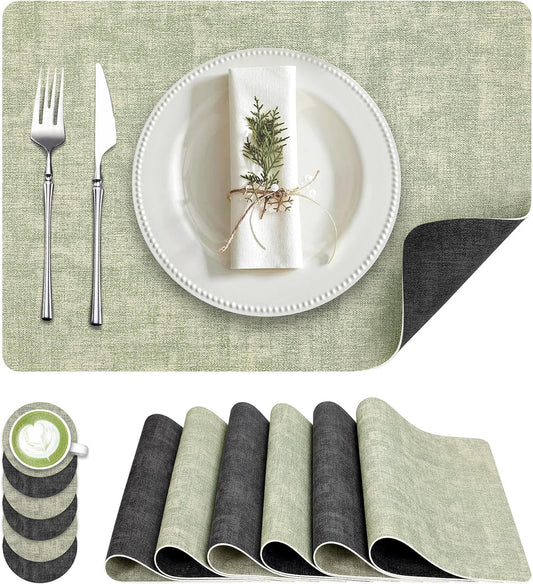 Faux Leather Dual Sided Placemats Set of 6, Square Non-Slip Heat Resistant Placemats with Coaster, Reversible wipeable Waterproof Table Mats for Kitchen, Dining, Outdoor (6, Black Light Green)