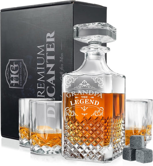 Luxury Gift For Men - Grandpa The Legend - Unique Engraved Whiskey Decanter Set For Beloved Grand Father or Dad Christmas, Birthday Gift – 4 Whiskey Glasses And Decanter Set for Whisky, Bourbon Ets.