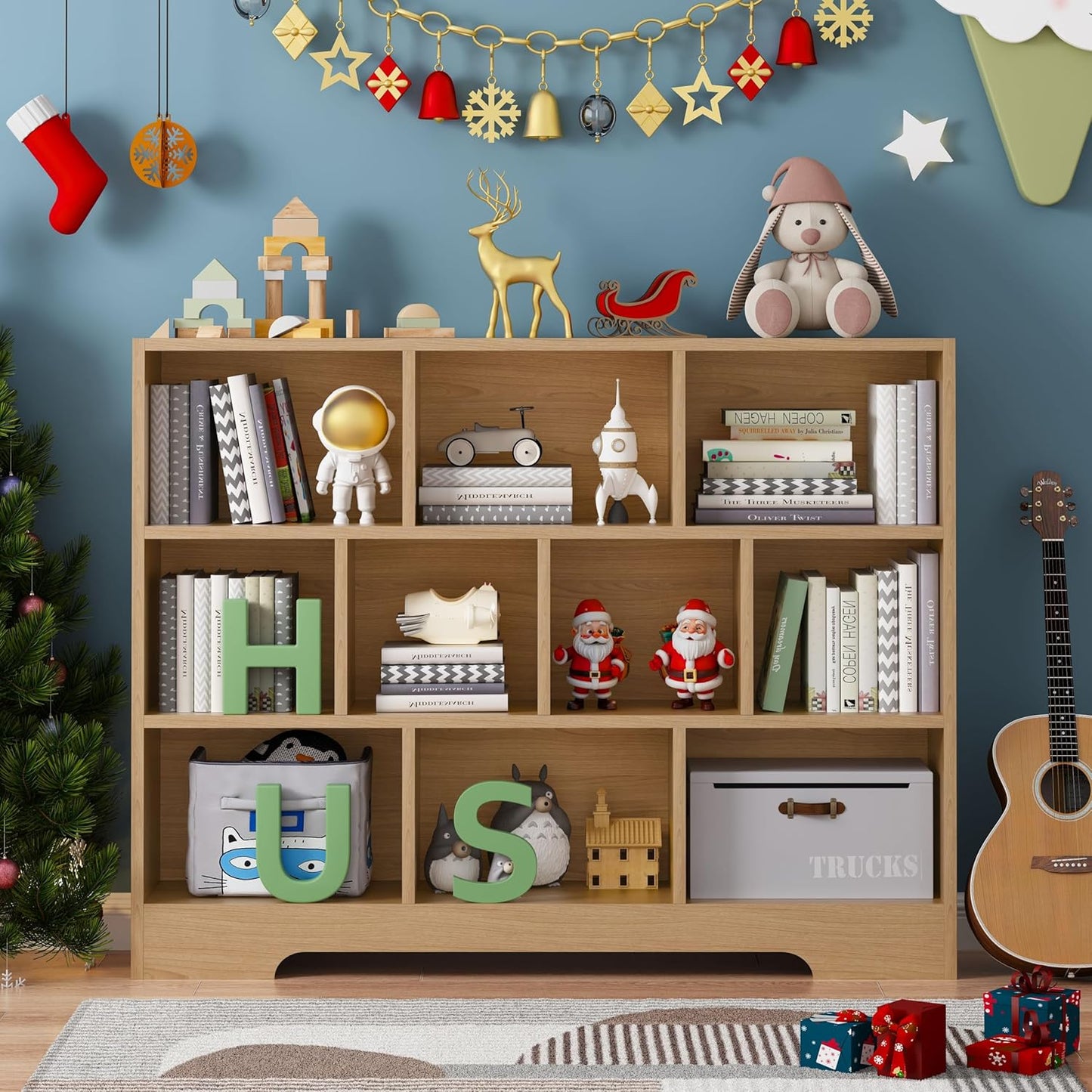 Book Shelf, 10 Cubes Storage Organizer, 3-Tier Open Shelf Wooden Bookcase, Freestanding Log Bookshelf Cube Shelf for Bedroom, Living Room, Home Office