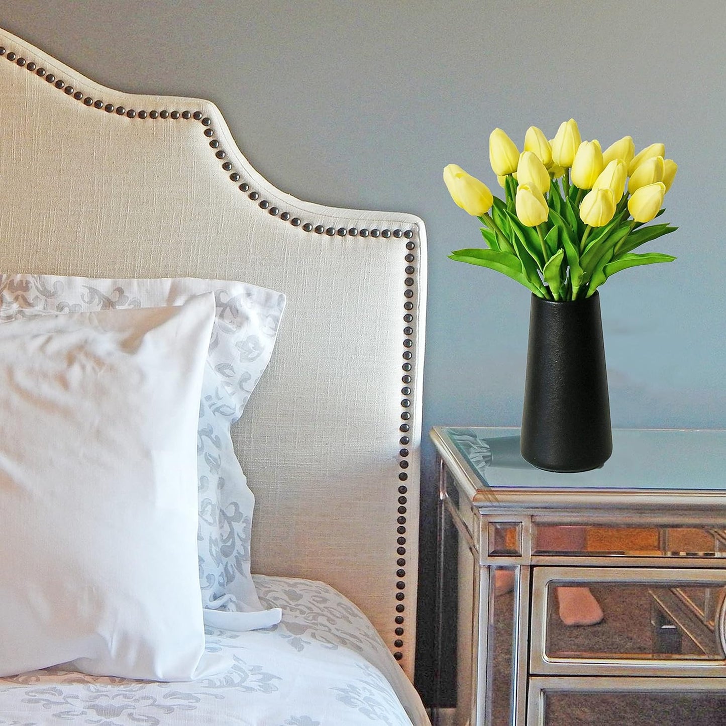 Mandy's Artificial Tulips 20 Stems Light Yellow PU Faux Flowers for Wedding Home Decor 13.5 Inch