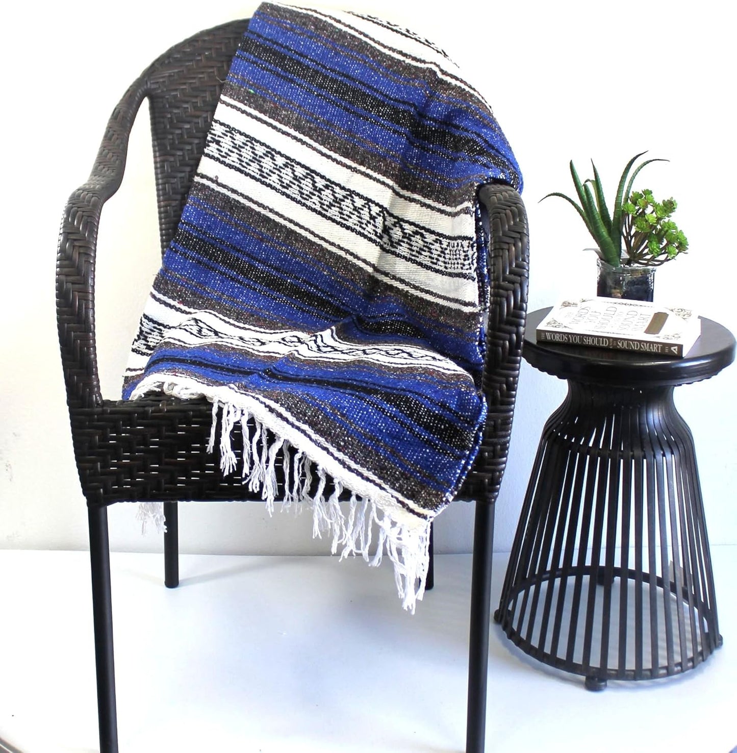 Del Mex Classic Mexican Blanket, Large Authentic Woven Falsa Throw (70"x50"), Artisan Southwest Décor for Beach, Yoga, Outdoors (Blue)
