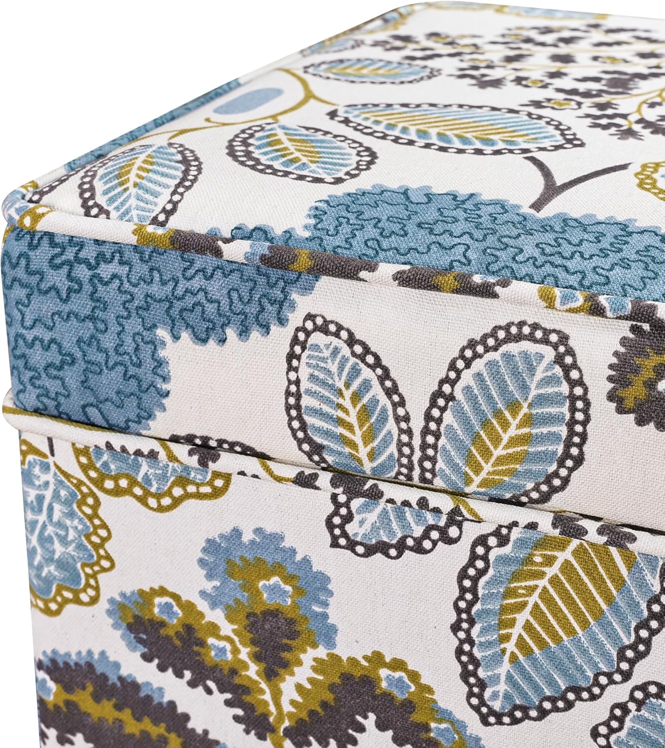 Adeco 18 Inch High Cube Ottoman Storage, Linen Chair Foot Stools, Upholstered Vanity Stool with Hinged Lid, Solid Wood Legs (Blue Leaves)