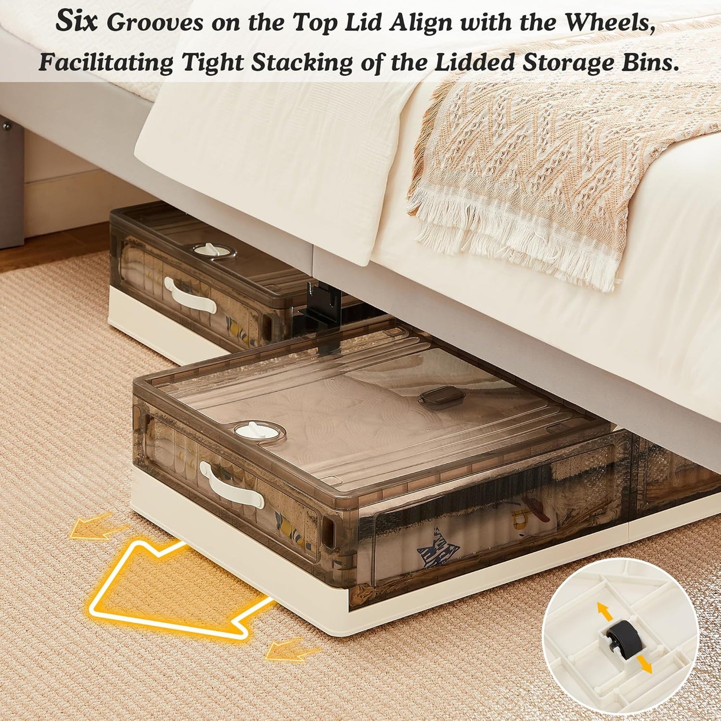 VECELO Under Bed Storage with Wheels, 26.5Gal Stackable Under Bed Storage Containers, Underbed Storage Containers with Lids, Plastic Foldable Folding Box for Clothes Shoes