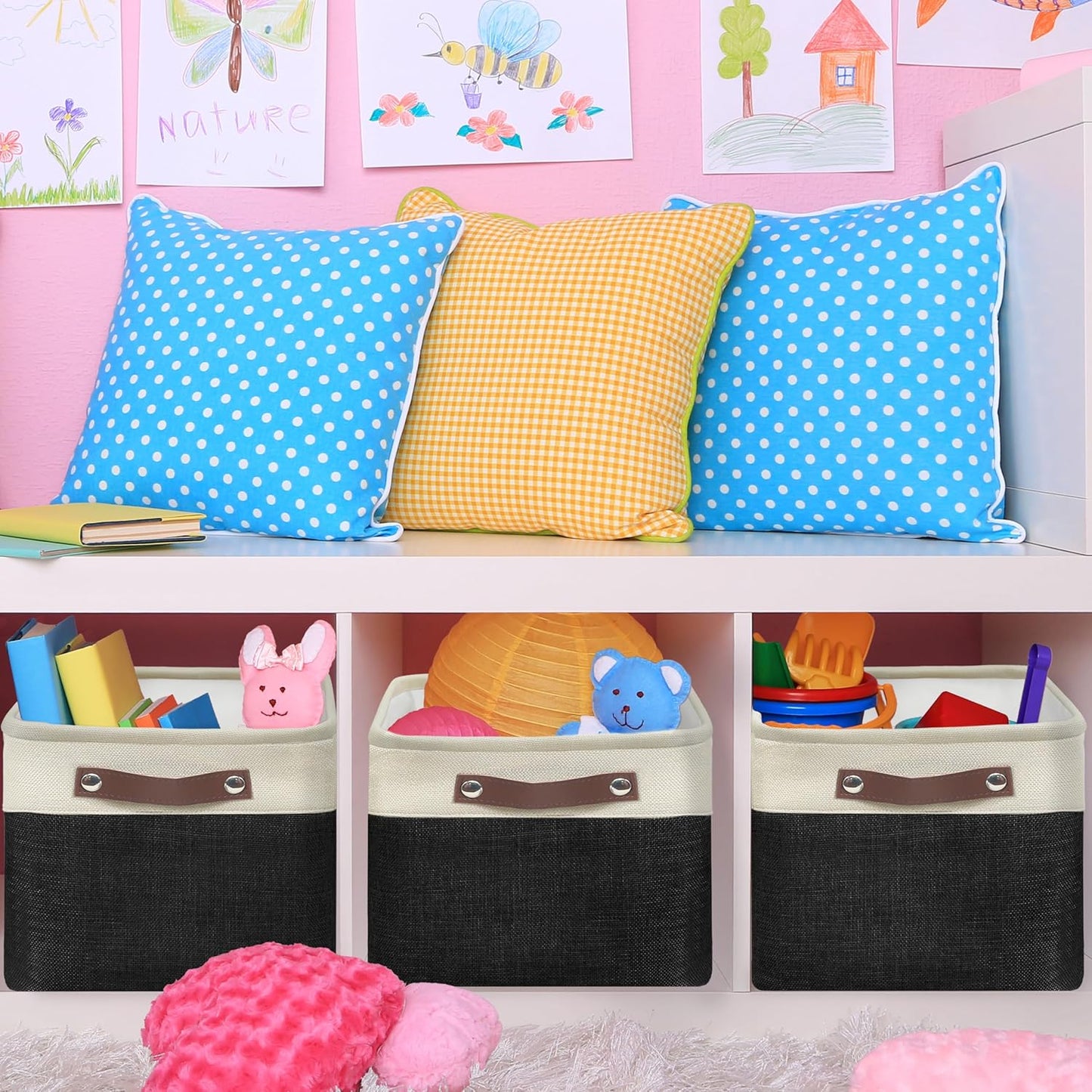 SIMPLE HOUSEWARE Large Fabric Storage Bin, 15" x 11" with Leather Like Handles, 3 Pack, Black