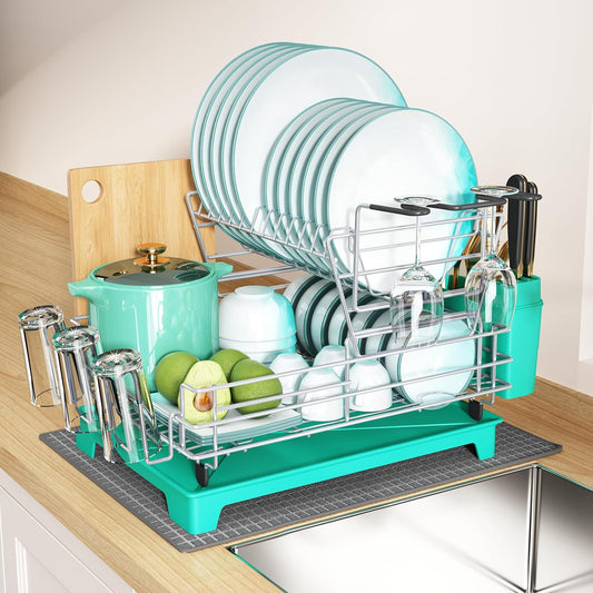 BOOSINY 2 Tier Turquoise Large Stainless Steel Dish Drainers Drying Rack for Kitchen Counter with Drainboard, Rust Proof Metal, Space Saving, Modern Aesthetic, Compact Plates Strainers with Extra Mat