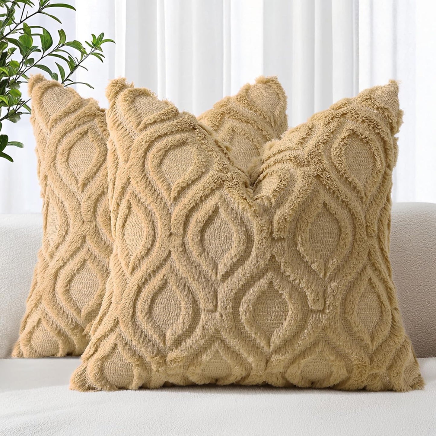 decorUhome Throw Pillow Covers 24x24 Inch Set of 2, Soft Plush Decorative Faux Fur Light Brown Solid Couch Pillow Covers, Accent Farmhouse Neutral Square Euro Pillow Cases for Sofa Bed Living Room