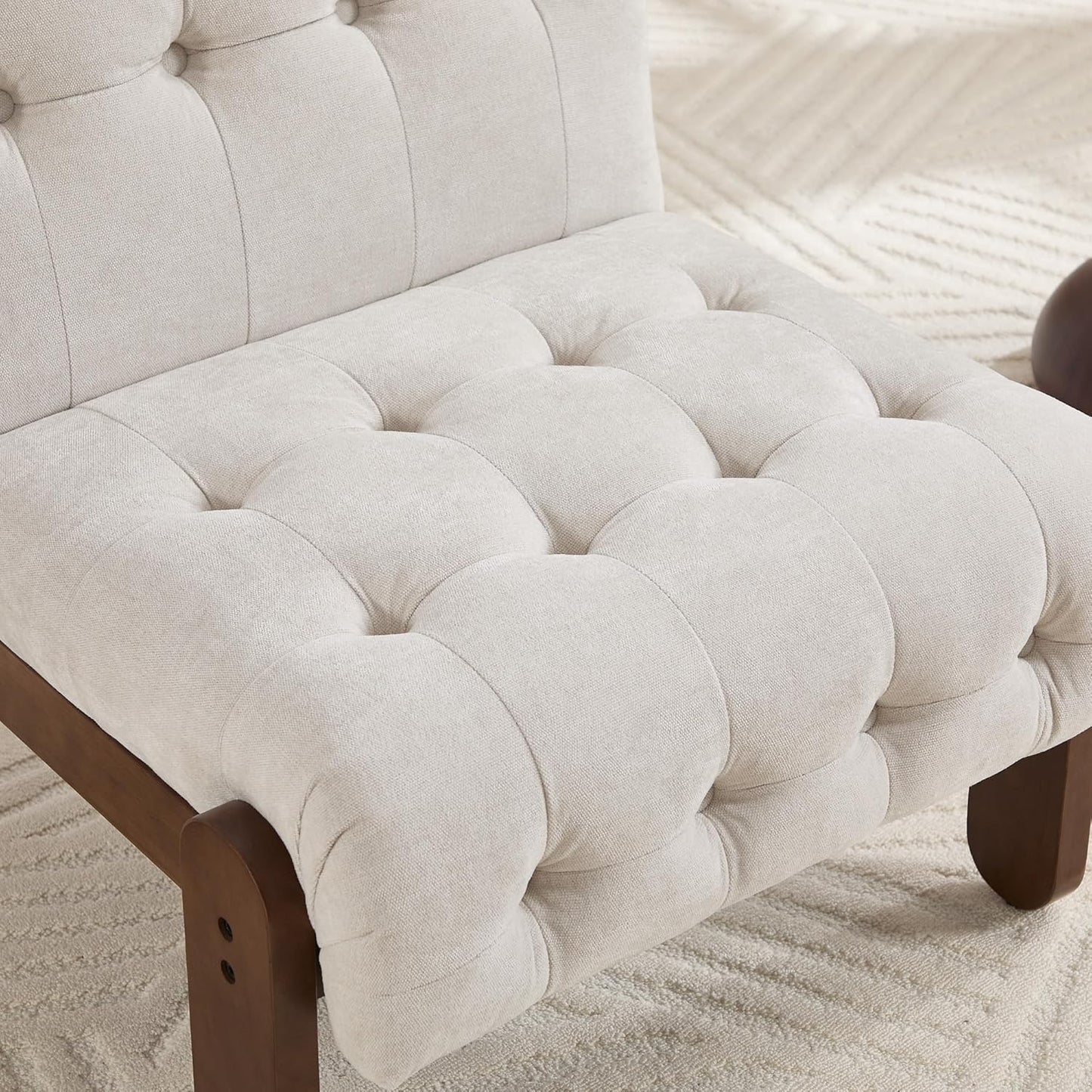 Modern Armless Accent Chair for Living Room, Soft Beige Linen Button Tufted Upholstered Lounge Reading Chair with Walnut Wood Frame
