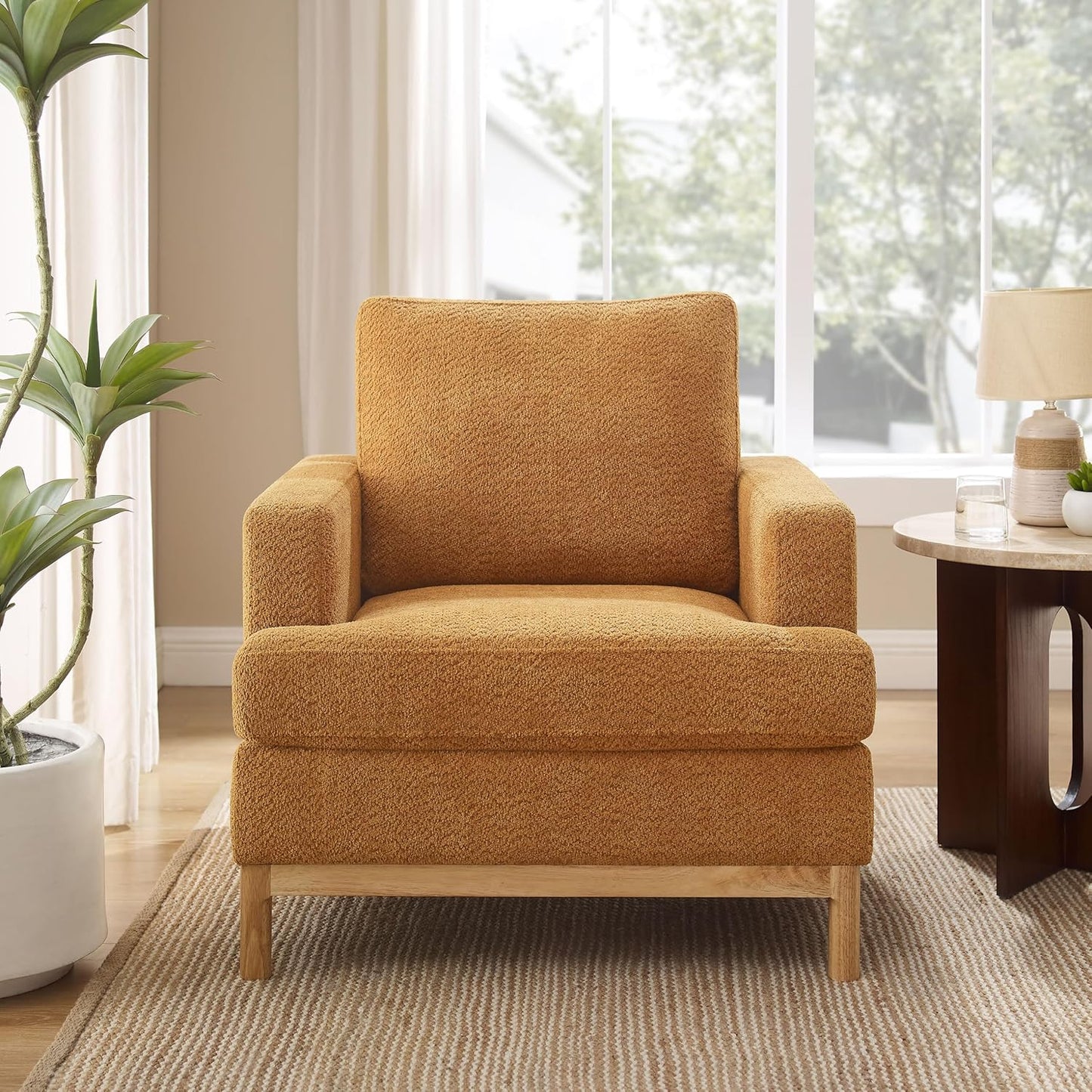 Oversized Accent Chair, Mid Century Modern Upholstered Armchair for Living Room, Comfy Chair for Bedroom Reading Chair, Single Sofa for Small Space with Rubberwood Base