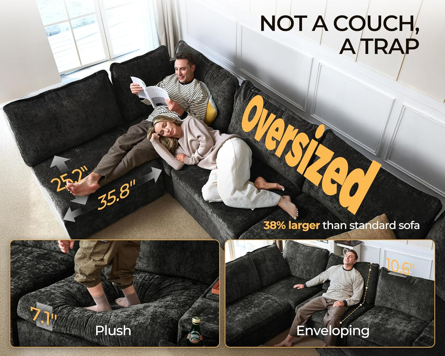 Oversized Modular Sofa Comfy Cloud Couch with Storage, Extra Deep Plush Sectional Sofa Set for Living Room, Covers Washable, Chenille, Olar (Black, 8-Seater with Corner & 2 Ottomans, u-Shaped)