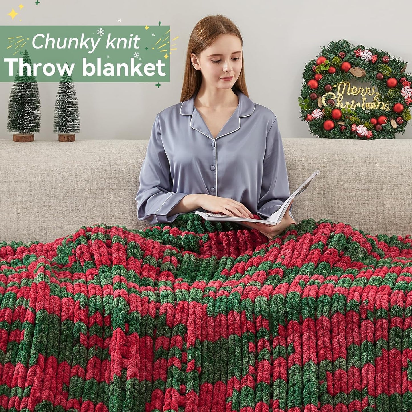 Chunky Knit Throw Blanket, 60''*80'' Knitted Throw Chenille Yarn for Bed Couch, Handmade Stripe Crochet Big Thick Blanket, Machine Washable Cute Comfy Blanket for Home Decor