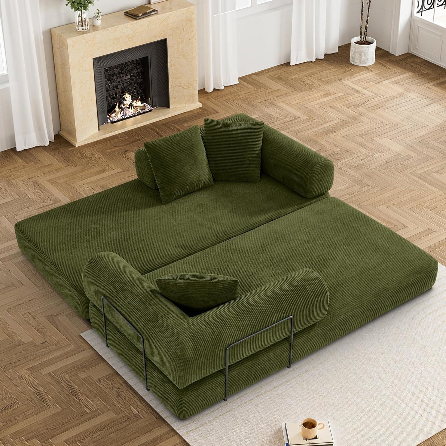 80.3" Convertible Sleeper Sofa Bed with Cylindrical Pillow, Corduroy Folding Mattress Couch with Fixed-Shape Frame, Modular Floor Sofa Lounge Couch for Living Room Bedroom Lounge, Green