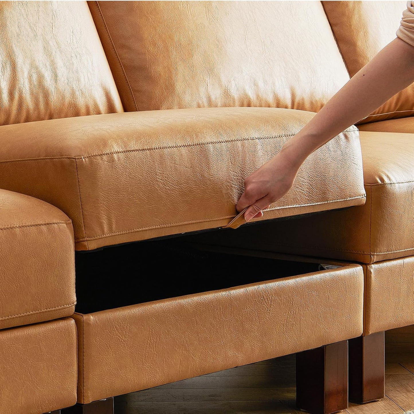 U Shape Sectionals Sofa Couch with Storage, Faux Leather 10 Seater Sofa, Big Comfy Couch, Large Sectionals for Big Space, House, Office, Tan