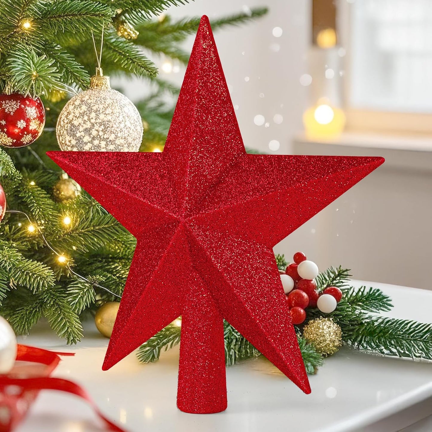 Star Tree Topper, 8" Red Christmas Tee Topper Decorations, Glitter 3D Xmas Bethlehem Star Waterproof Shatter-Proof, Christmas Tree Topper Ornament Decor for Christmas Holiday Party Indoor Outdoor Use