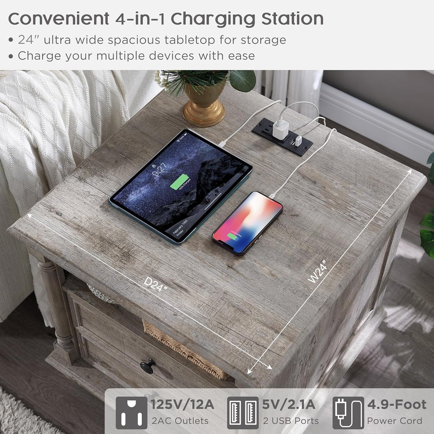 T4TREAM 24'' Farmhouse End Table w/4 Solid Wood Feet, Large 2 Drawers Wide Sofa Side Table with Charging Station, Tall Rustic Wood Square Nightstand for Living Room, Bedroom, Office, Light Rustic Oak