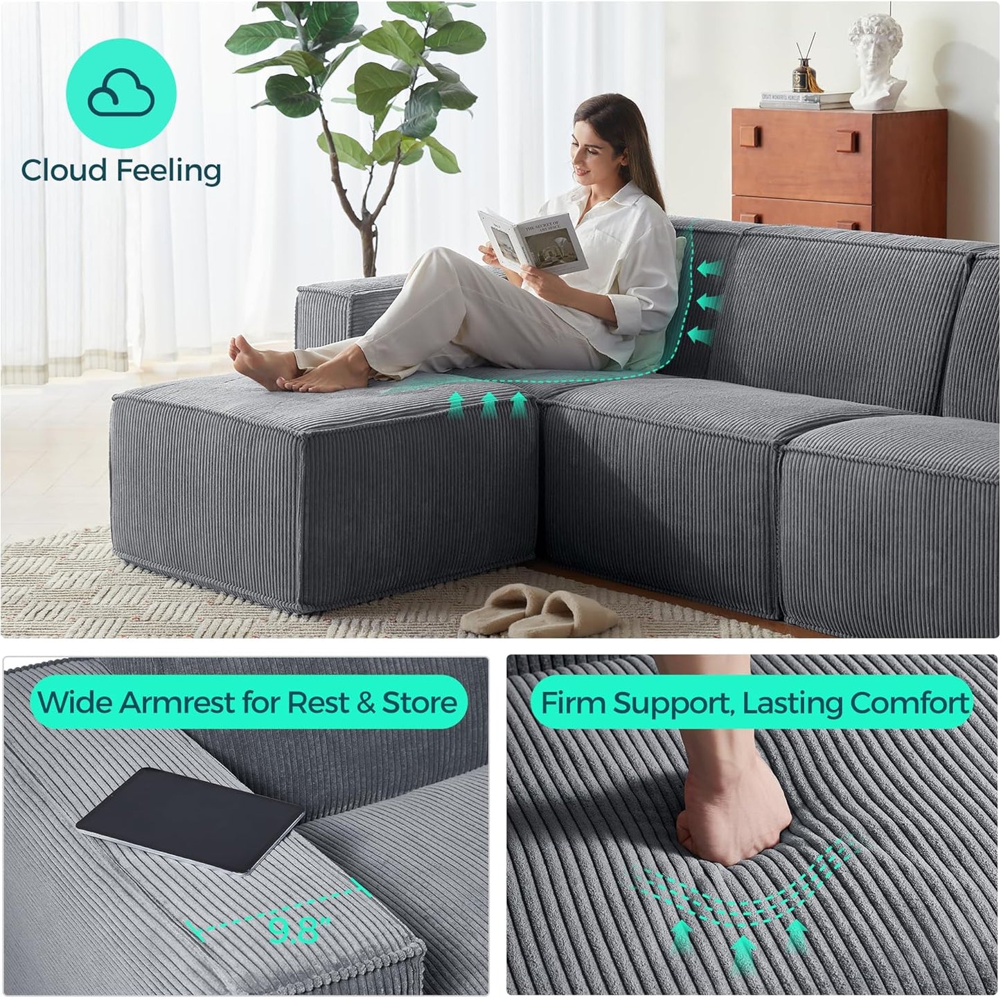 LINSY HOME Modular Sectional Sofa, 105" Boneless Couch U Shaped 3-Seat Sofa with 2 Movable Ottomans, Corduroy Sectional Cloud Couches for Living Room, No Assembly Required, Bluish Grey