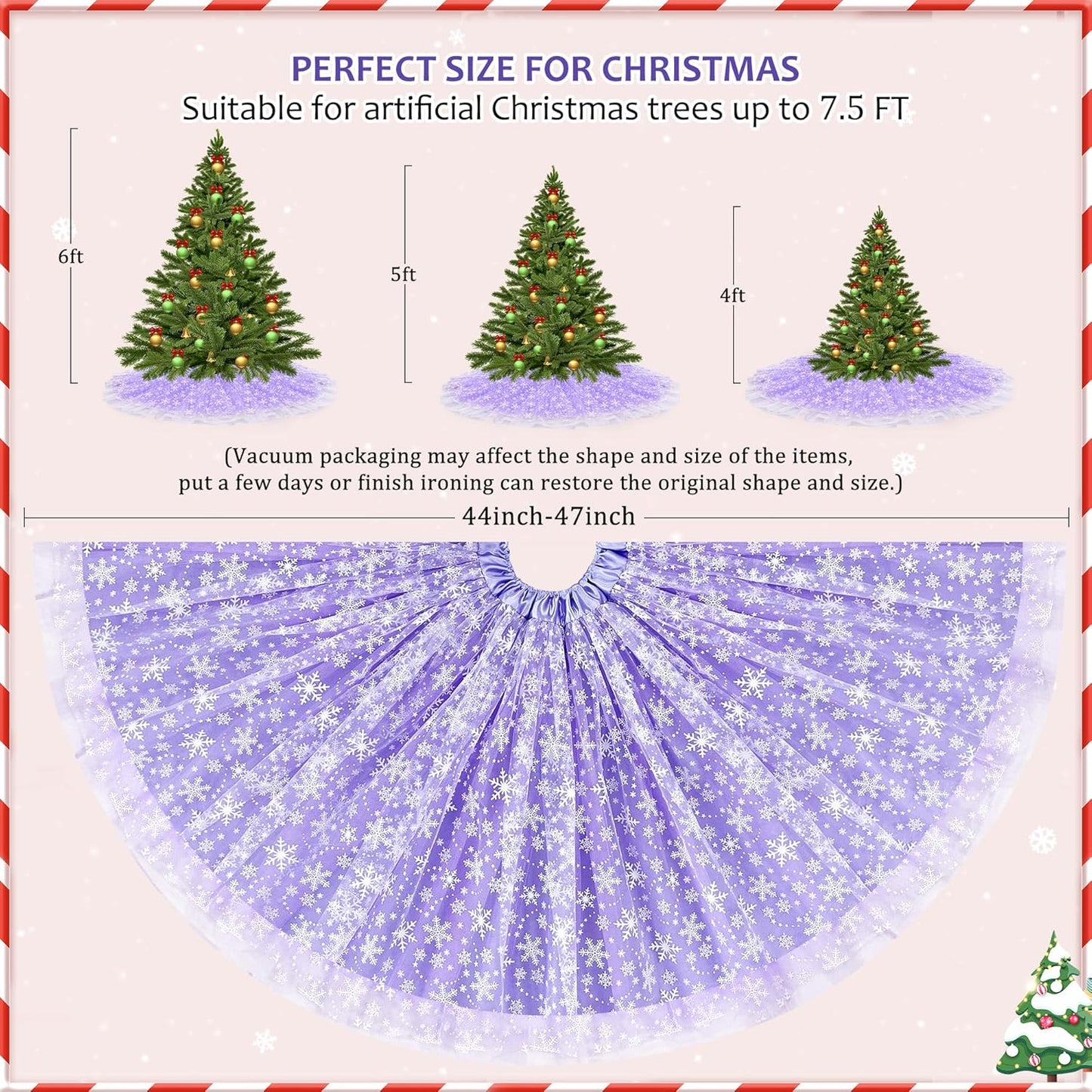 Christmas Wedding Tree Skirt, 4 Layer 45 in Snowflake Tulle Tree Decoration for Party Indoor, Fluffy Tree Cover Mat Ornament for Holiday, Purple