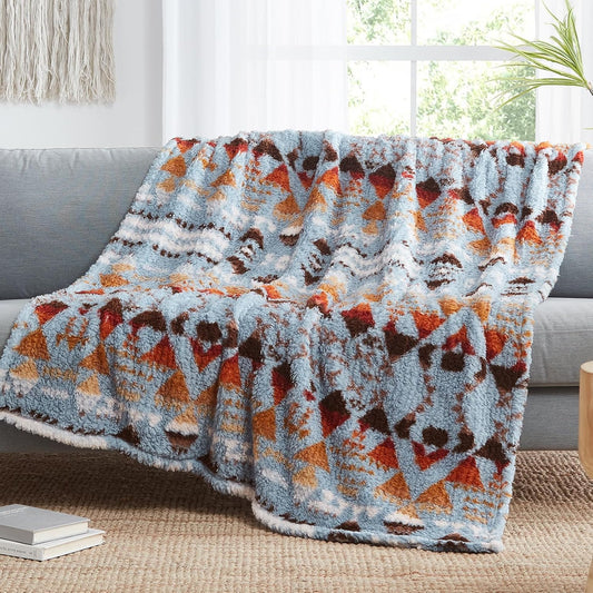 CASAAGUSTO Boho Sherpa Blanket,Teal Aztec Twin Blanket, Ultra Soft, Warm, Cozy, Plush, Thick Fleece Western Blanket for Couch, Bed, Sofa (Blue Grey 60 * 80 Inch)