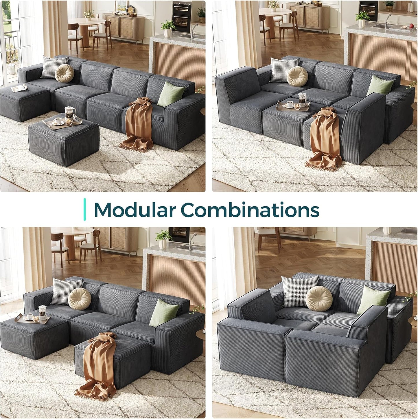 LINSY HOME Modular Sectional Sofa, 105" Boneless Couch U Shaped 3-Seat Sofa with 2 Movable Ottomans, Corduroy Sectional Cloud Couches for Living Room, No Assembly Required, Bluish Grey