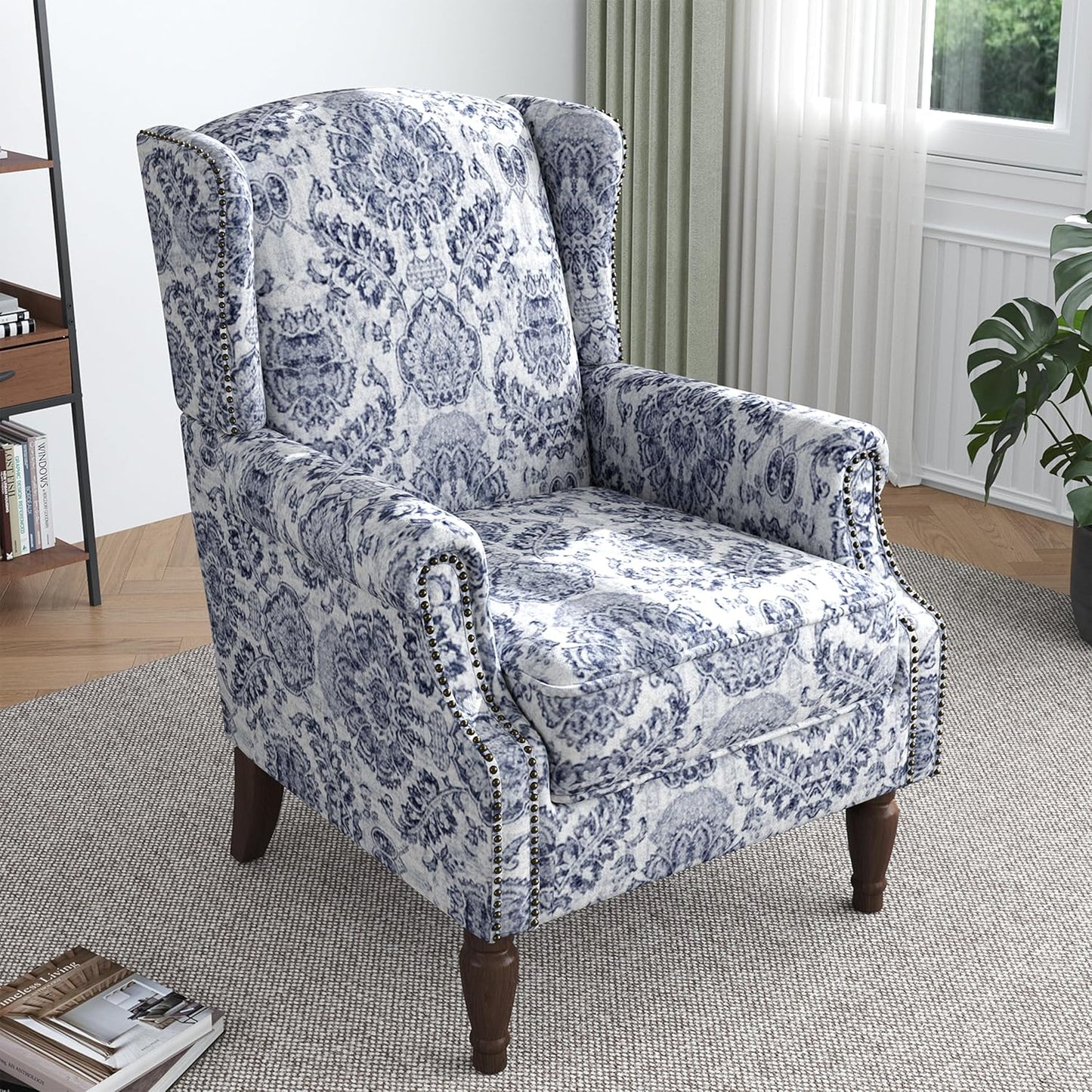 Lumibee Wingback Accent Chair,High Back Floral Armchairs in Fabric,Comfy Upholstered Reading Single Sofa Chair with Solid Wood Legs for Living Room,Bedroom,Office-Navy