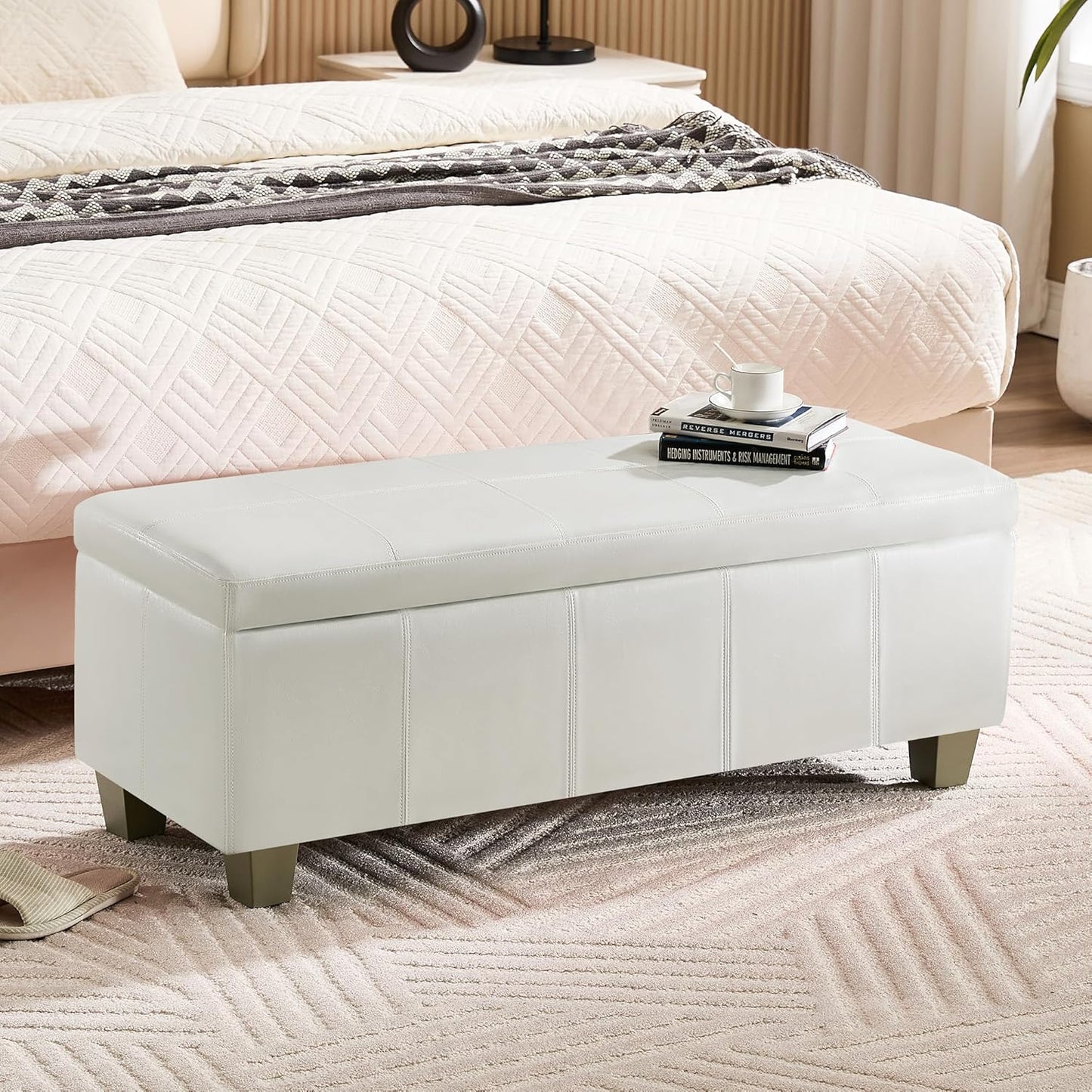 41" Faux Leather Storage Ottoman, Stitch Tufted Rectangle Upholstered End of Bed Storage Bench, Entryway Large Couch Ottoman with Wooden Legs,White