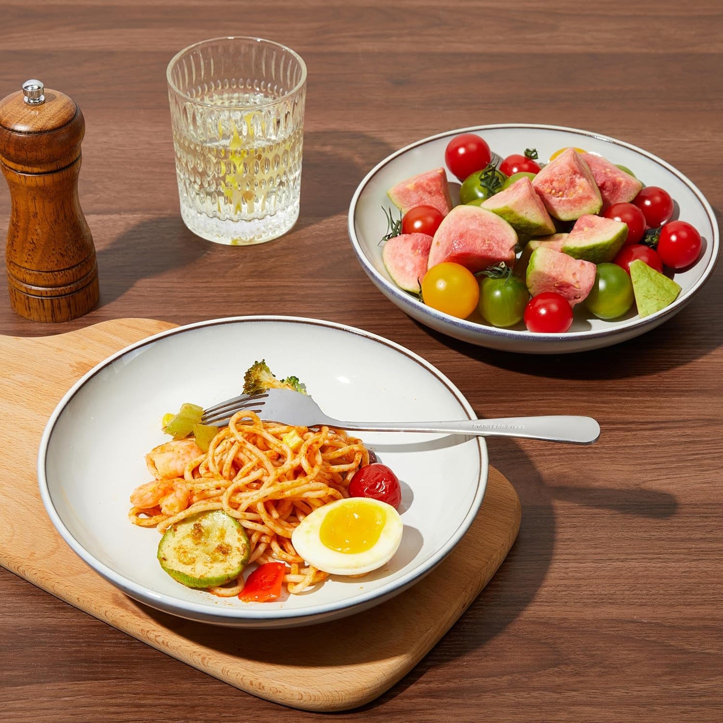 16 Piece Double Bowl Dinnerware Sets with Pasta Bowls, Highly Chip and Crack Resistant Plates and Bowls Sets, Natural Earthyware Ceramic Dishware Sets, Service for 4 Moonstone White