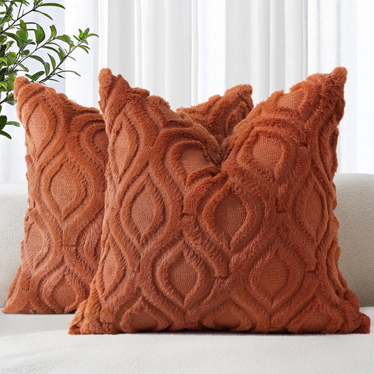 decorUhome Fall Throw Pillow Covers 24x24 Inch Set of 2, Soft Plush Decorative Faux Fur Rust Solid Couch Pillow Covers, Accent Farmhouse Neutral Square Euro Pillow Cases for Sofa Bed Living Room