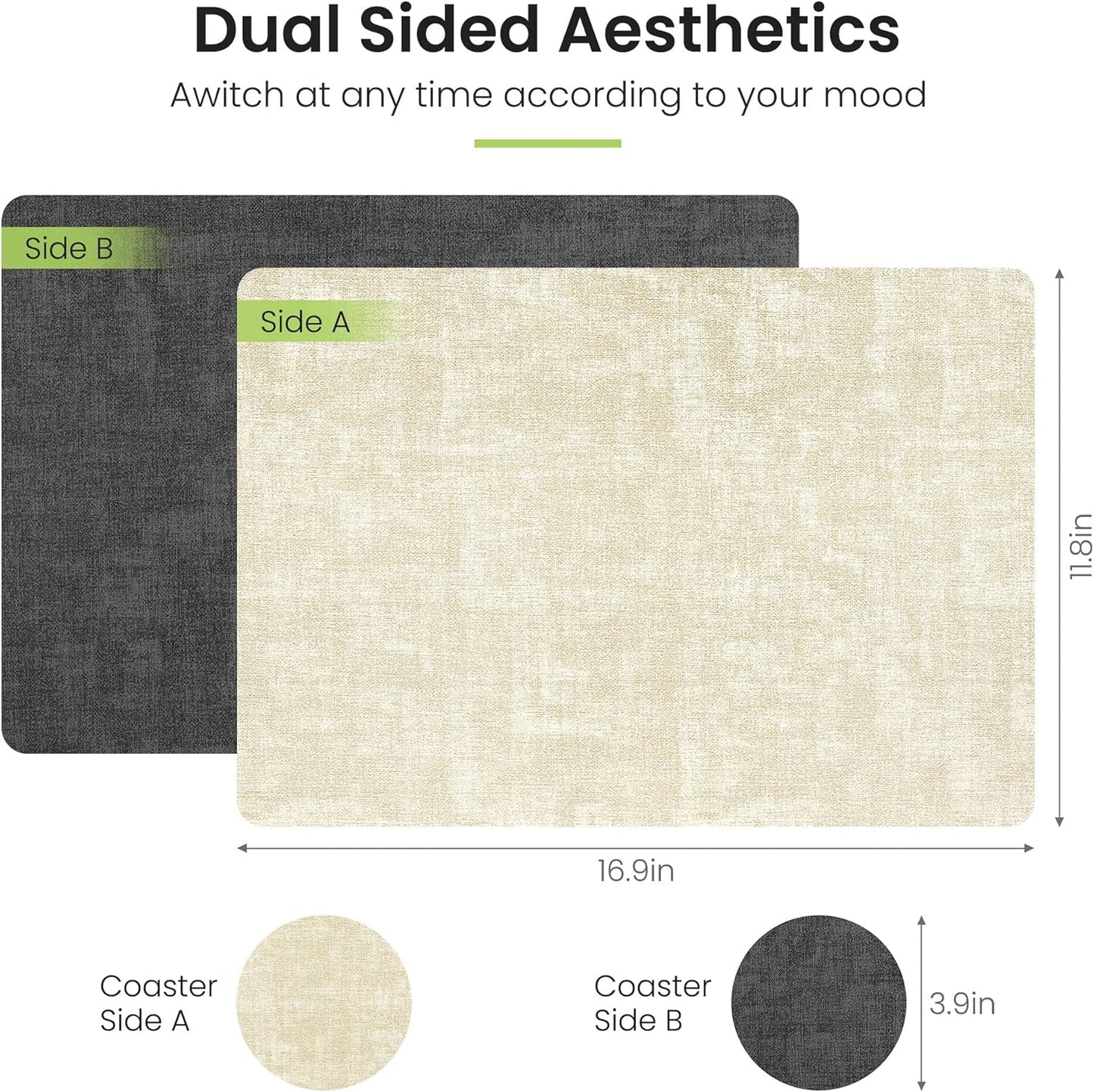 Faux Leather Dual Sided Placemats Set of 4, Square Non-Slip Heat Resistant Placemats with Coaster, Reversible wipeable Waterproof Table Mats for Kitchen, Dining, Outdoor (4, Black Beige)