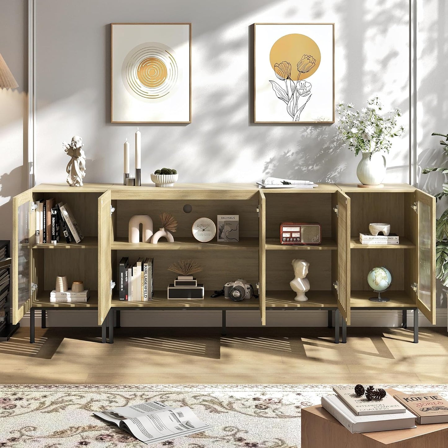 Farmhouse TV Stand for TVs up to 85 Inch, Entertainment Center TV Console with Storage Cabinets and Glass Doors, Media Console for Living Room,Oak