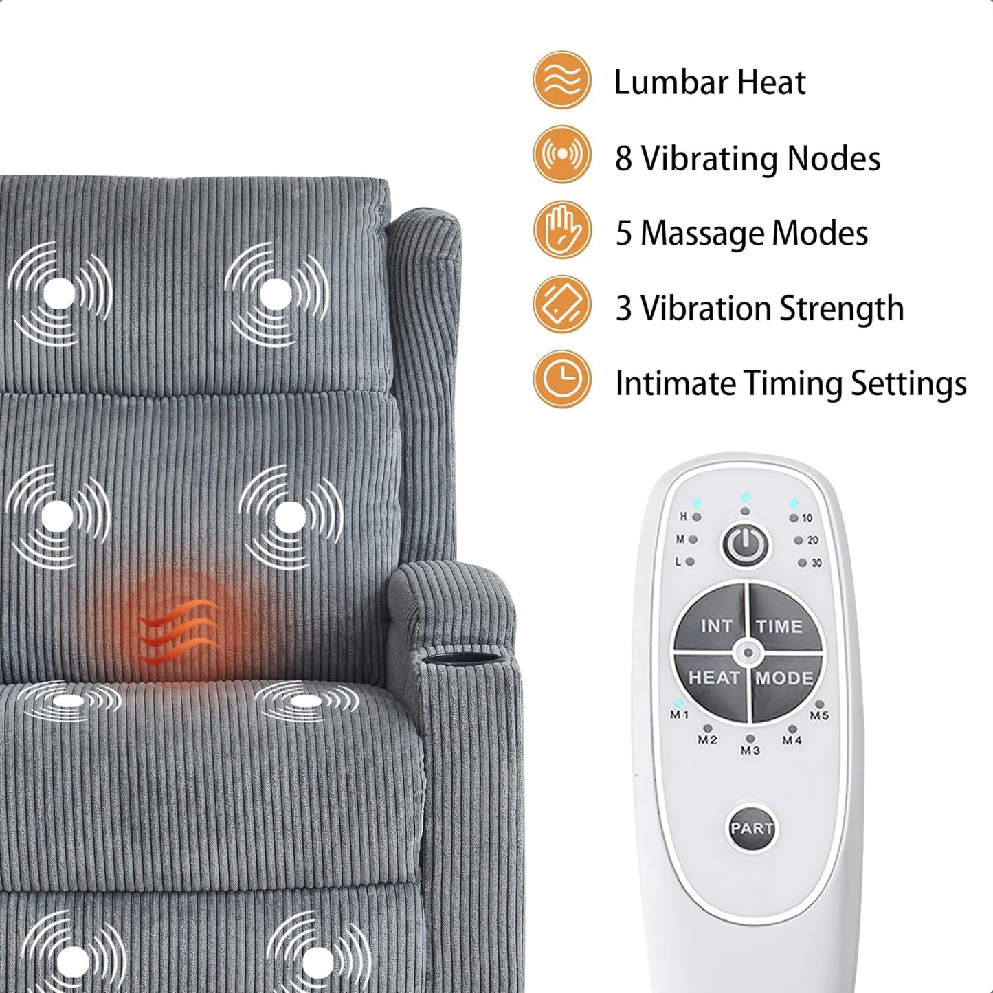 Lift Recliner Chair for Adults with Massage and Heating, Power Lift for Elderly, Corduroy Fabric Reclining Chair with USB &Type-C Port, Cup Holders, L6111 (Grey)
