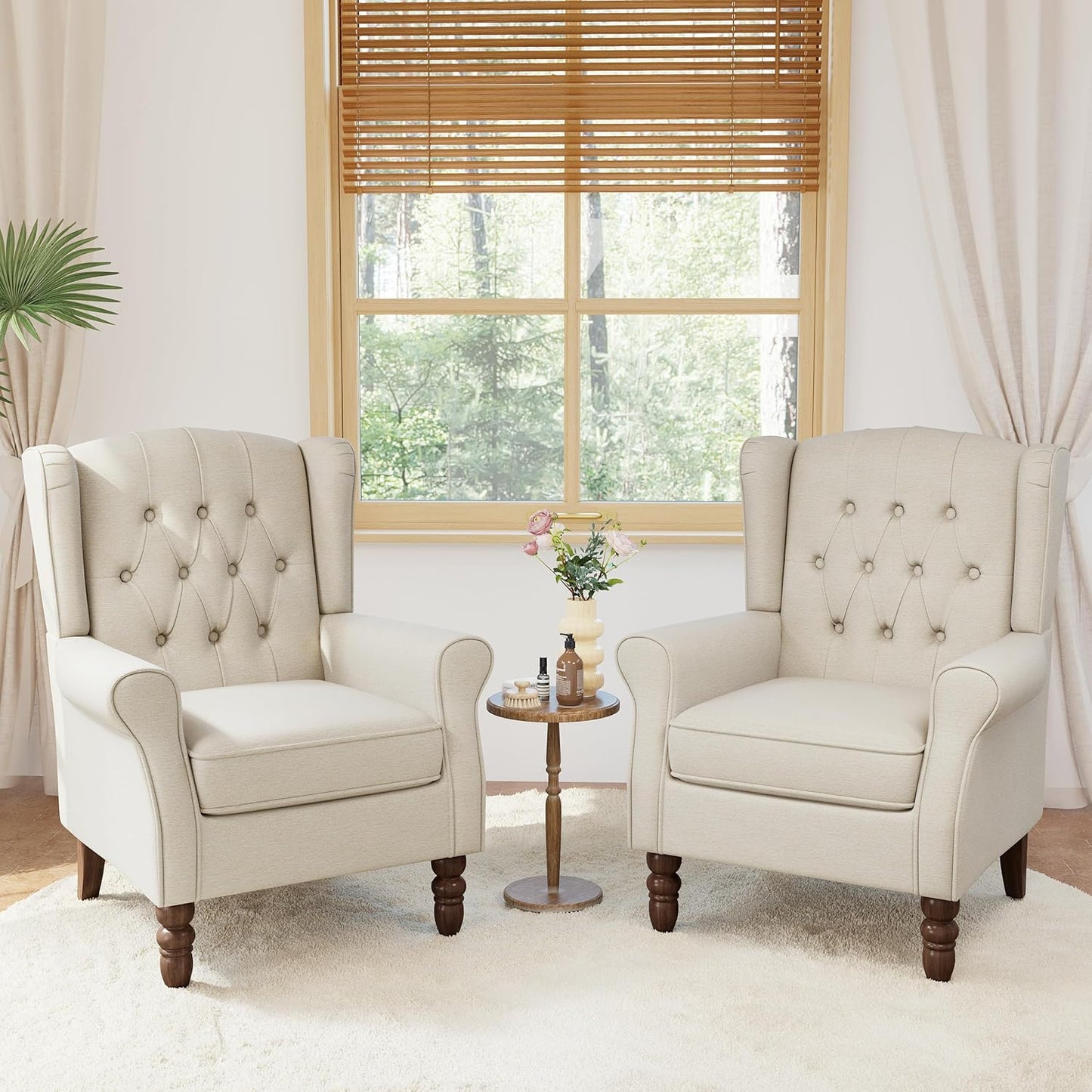 Lumibee High Back Accent Chair Set of 2,Upholstered Wingback Armchair with Solid Wood Legs for Small Spaces,Comfy Single Sofa Chair for Living Room,Bedroom,Office-Beige